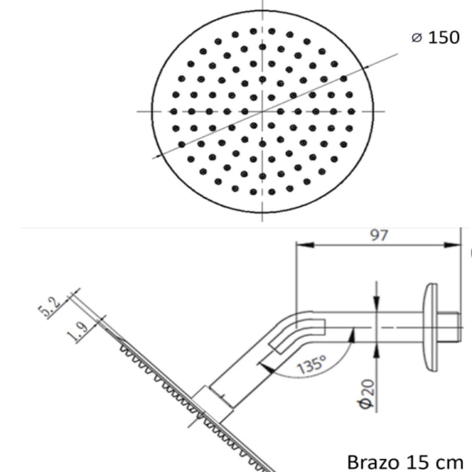 Regadera Lucca Negro Mate 6" + Brazo 15 cm Stretto