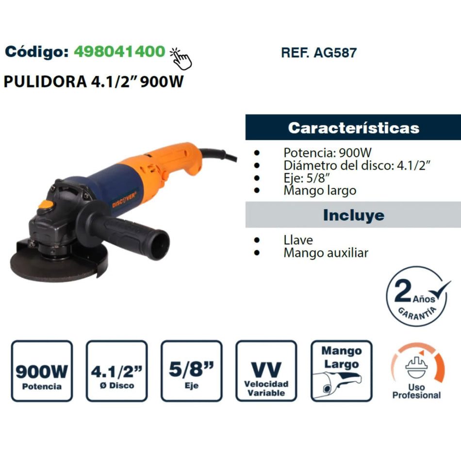 Pulidora Discover AG587 4-1/2 900w 11000rpm