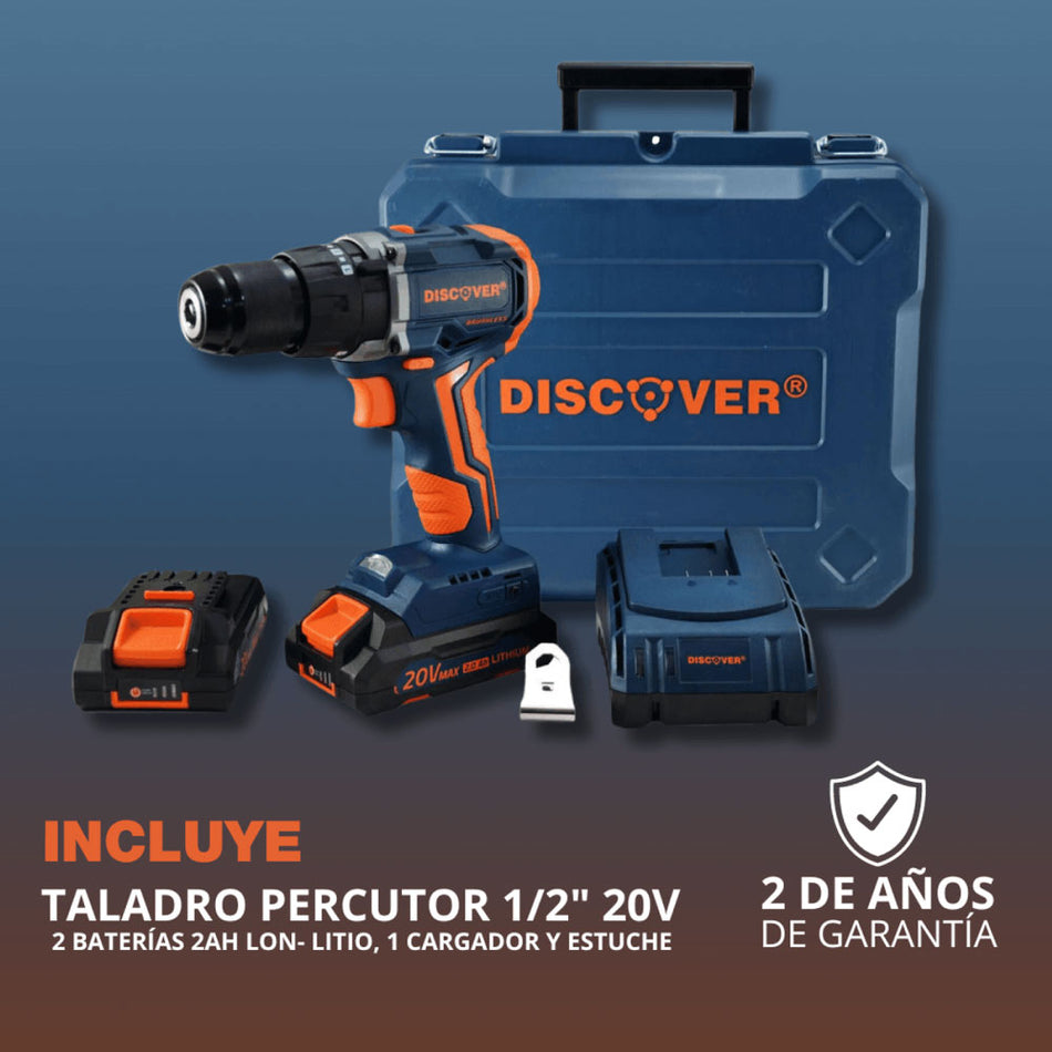 Taladro Percutor Inalámbrico Discover 20V 1/2 + Carg + 2 Bat 2.0 Ah