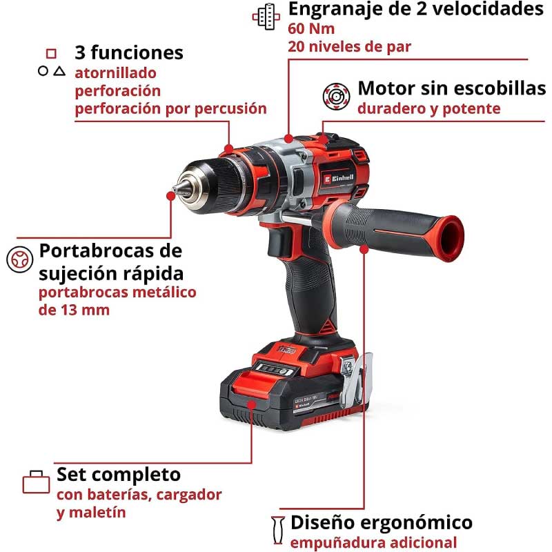 Taladro Perc Inal Einhell TE-CD 18 Li-I Brushless Kit 1/2 Carg + 2 Bat 2.0 Ah